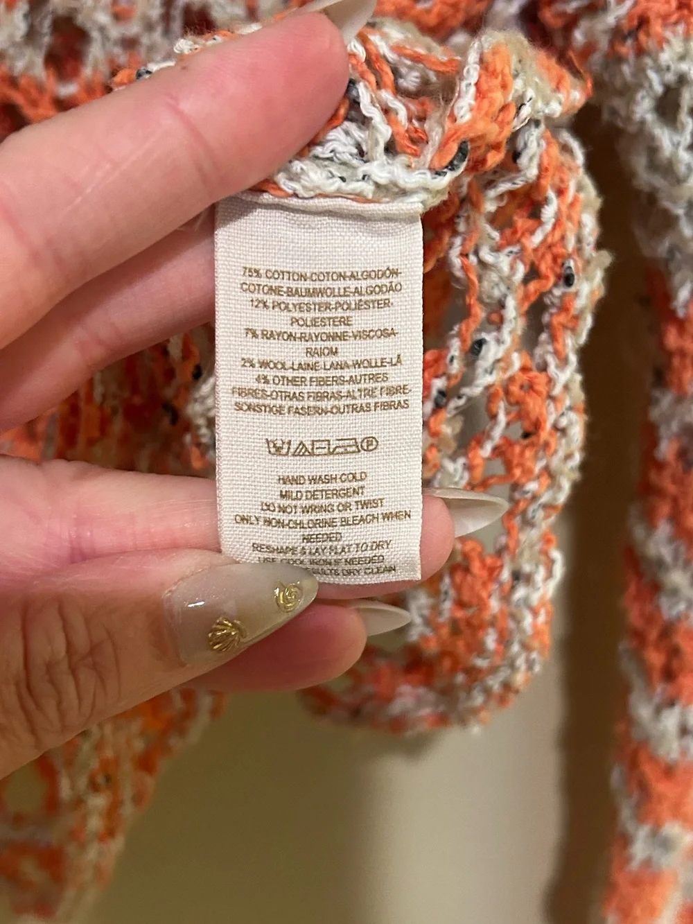 Free People Cream and Orange Crochet Open-Knit Cropped Boho Sweater Size M